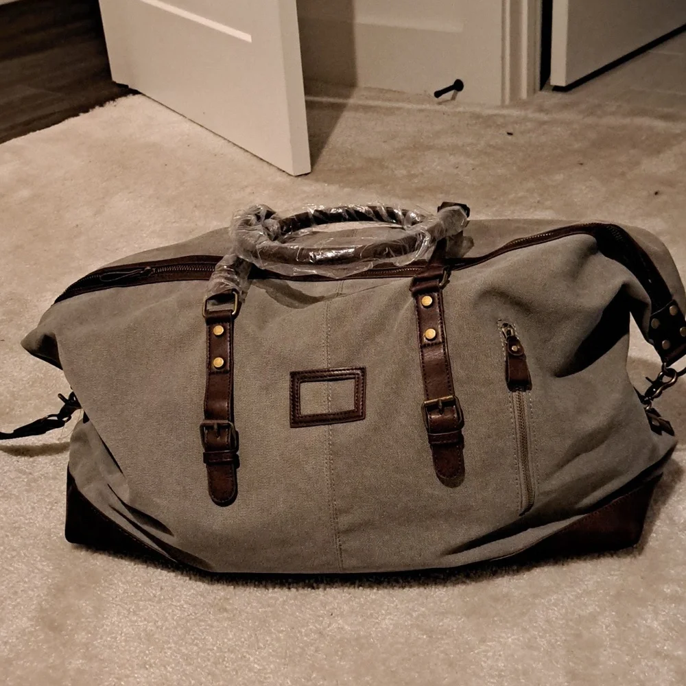 Rugged Canvas Duffel Bag Distressed Grey Brown Faux Leather Weekender Travel NEW
